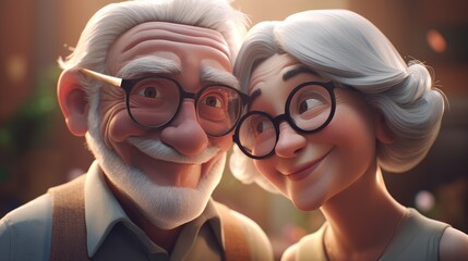 Happy elderly couple in cartoon style. Created with generative AI.