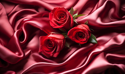 Elegant crimson satin fabric with delicate roses creating a romantic and sensuous mood, ideal for luxurious fashion or decor themes