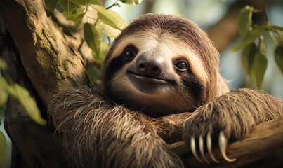 Naklejka premium Cheerful Sloth Hanging on a Tree in a Lush Green Jungle Environment