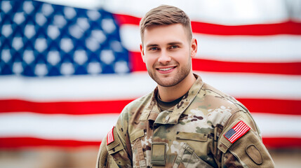 U.S. military soldiers in uniform on U.S. flag background. American President's Day, USA Independence Day, American flag colors background, 4 July, February holiday, stars and stripes, red and blue