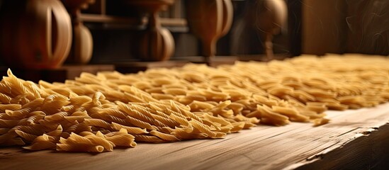 Raw pasta drying on wooden kitchen surface - obrazy, fototapety, plakaty