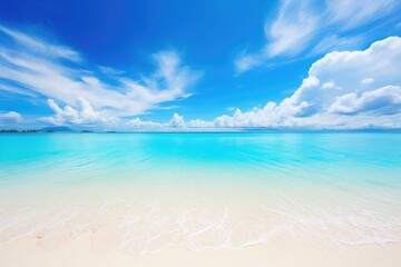 beach with sky, seascape and sun on blue sky background