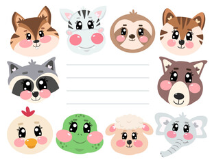 Cute animal frame with simple lines. Kawaii animal frame lined with wolf, zebra, tiger, elephant, turtle, raccoon, lama, sheep, sloth, rooster and chipmunk