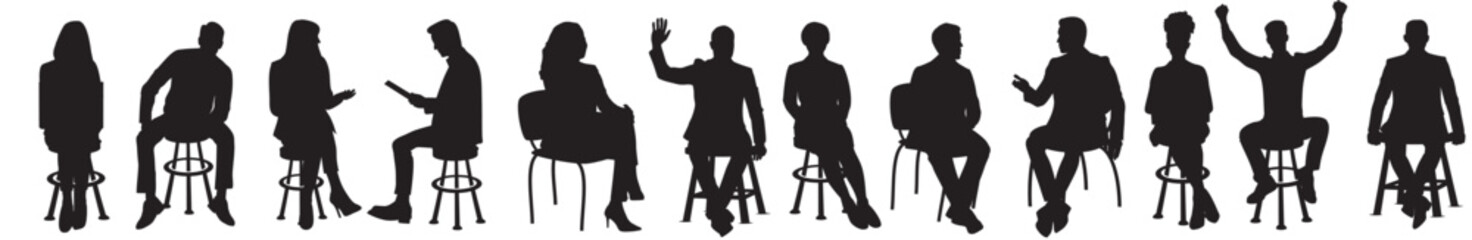 Vector set of business people sitting silhouettes isolated on transparent background. Businessman and businesswomen sitting on stool and chair chatting  working and talking.  - obrazy, fototapety, plakaty