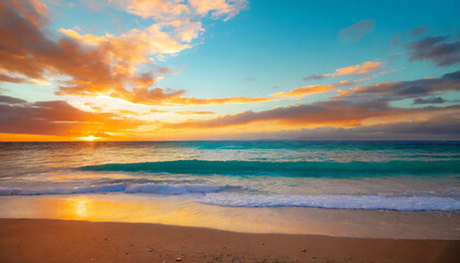 plage de sable, paysage de mer et coucher de soleil; Bannière de vacances ou voyage - obrazy, fototapety, plakaty