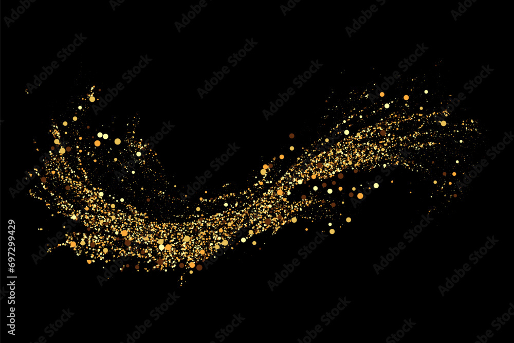 Poster scattered gold particles on a dark background. festive background or design element.
