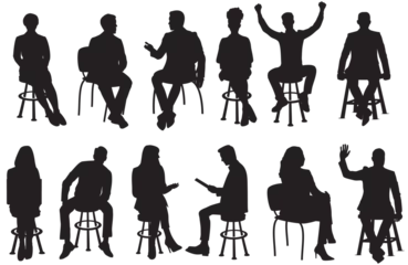Foto op Canvas Vector silhouettes of a men and a women sitting on a chair and stool, a group of business people, black color on a transparent background © LazyArtist