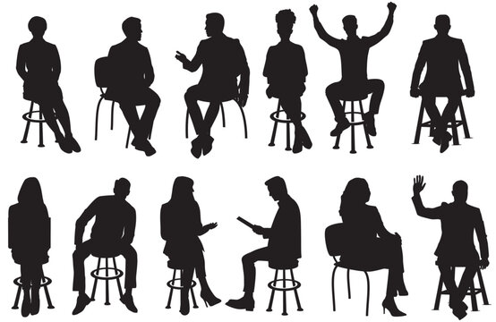 Vector silhouettes of a men and a women sitting on a chair and stool, a group of business people, black color on a transparent background