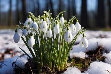 Obraz premium White snowdrops grow through the snow in the forest
