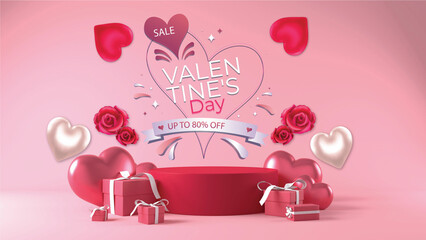 Happy Valentine Day Discount Poster Design in Pink Background Theme , Sale Banner for Valentine Day 