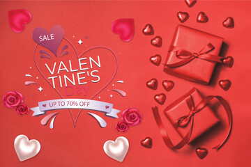 Happy Valentine Day Discount Poster Design in Red Theme , Sale Banner for Valentine Day 