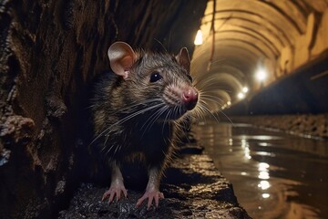 Portrait of a gray rat in a dark tunnel. A rat is looking for food. Rats in the subway tunnel. Close up