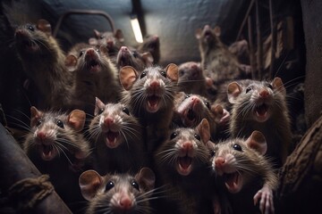 Lot rats in the basement on a dark background, close-up - obrazy, fototapety, plakaty