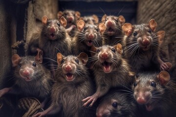 A group of rats in a cage on a dark background. The symbol of the year 2020. - obrazy, fototapety, plakaty