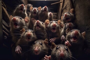 Invasion of rats in basements and tunnels of large cities. Close-up of a group of rats in a cage. Breeding of rats. - obrazy, fototapety, plakaty