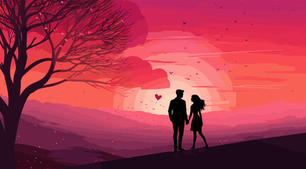 boy and girl in love holding hands at sunset, happy valentine's day. vector illustration