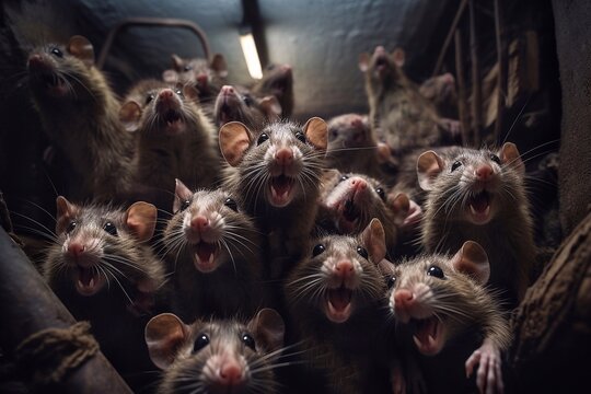 Lot rats in the basement on a dark background, close-up