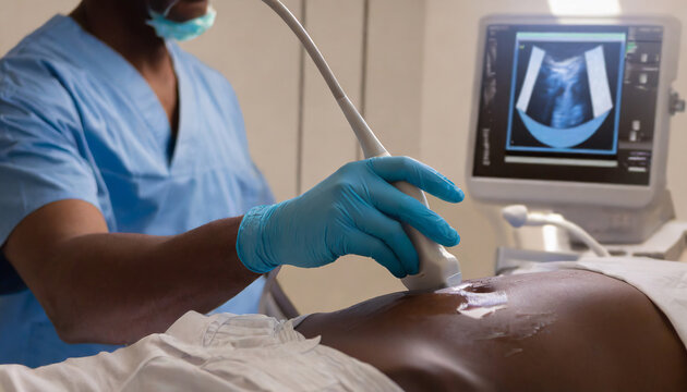 Professional ultrasound scan for patient in hospital room