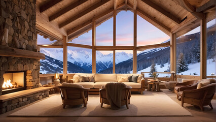 Snowy ski lodge with untouched slopes and inviting glow - obrazy, fototapety, plakaty