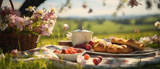 Foto op Aluminium Picnic setup with food and drinks on a wooden table in a sunny field © 文广 张