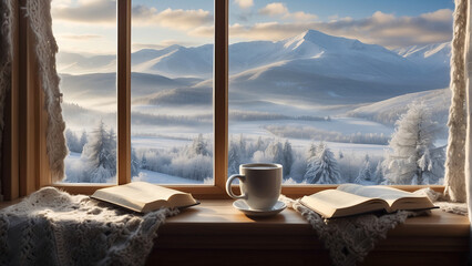 Wintry window seat with serene snowscape and steaming cocoa, blanket, and book
