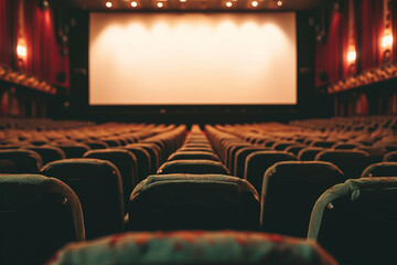 close-up of the blank screen, making it the focal point against the backdrop of the empty cinema hall. This cinematic photo can be used as a versatile mockup for various purposes.