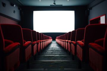 minimalist composition by focusing on a few rows of empty seats leading toward the blank screen. This cinematic photo can convey a sense of solitude and expectation.