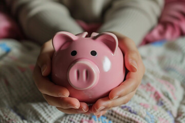 pair of hands holding a piggy bank, suggesting care and responsibility. Use cinematic techniques like depth of field to focus on the hands and the piggy bank while blurring the bac