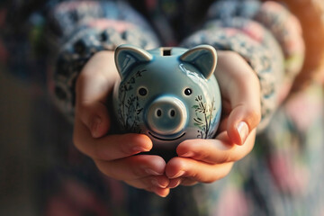 pair of hands holding a piggy bank, suggesting care and responsibility. Use cinematic techniques like depth of field to focus on the hands and the piggy bank while blurring the bac - obrazy, fototapety, plakaty