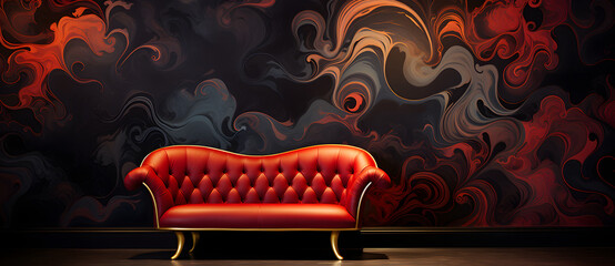 Red leather sofa against a marbled black and red wall - obrazy, fototapety, plakaty