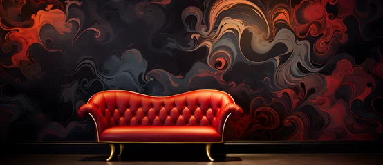 Deurstickers Red leather sofa against a marbled black and red wall © 文广 张