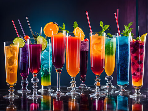 Colorful cocktails with fruits, club night, digital AI