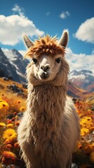 Obraz premium Captivating llama with a in a colorful meadow field with mountains in the background