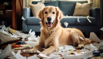 The dog tore the furniture of the house. Dog, Golden Retriever alone at home without people. - obrazy, fototapety, plakaty
