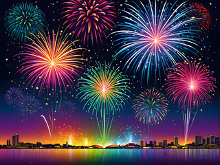 Fototapeta na wymiar colorful fireworks on the night sky, digital ai