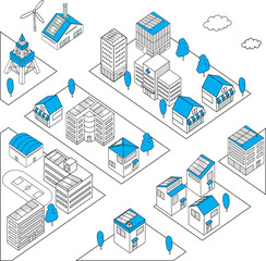 シンプルな街並みの俯瞰イラスト（青色）