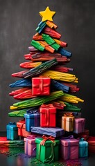 Fototapeta na wymiar Generative AI Christmas tree made from melting multicolored crayons