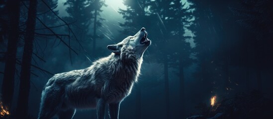 wolf howling at night - obrazy, fototapety, plakaty