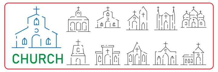 Church line icon set, vector pictogram of the catholic chapel building. Religious house illustration, sign for Christian logo. Vector building