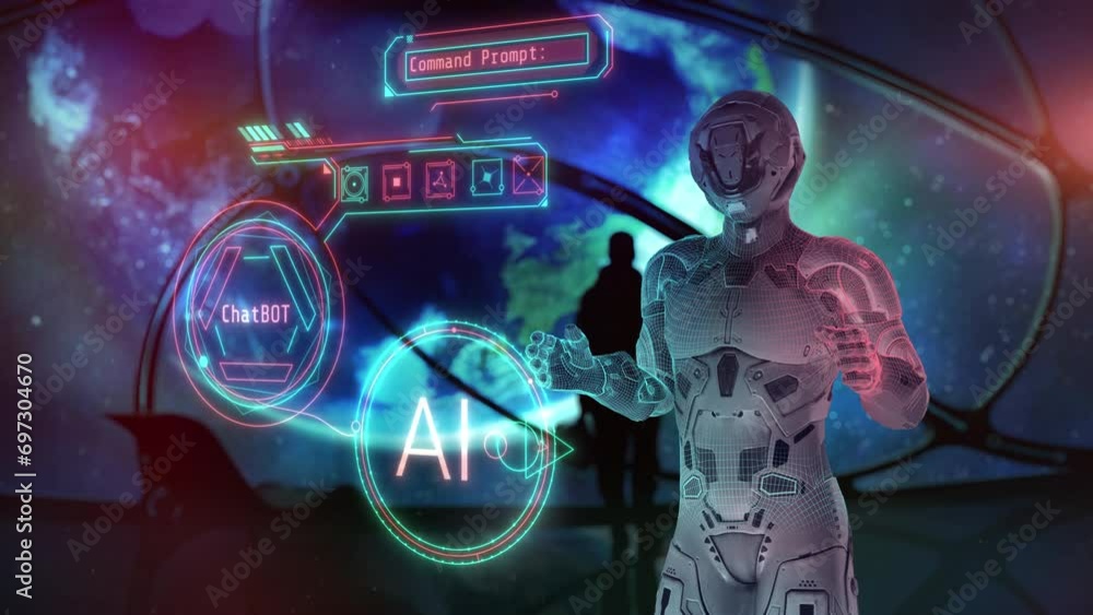 Aufkleber artificial intelligence controls space flight. 3d render