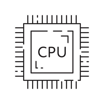Computer hardware line icon. Graphic card or processor and RAM. GPU or CPU and cooler. Case with motherboard. Vector SSD cable with fan. Computer details