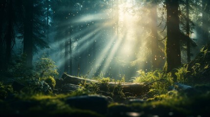 Obraz na płótnie Canvas Sunlight Pierces Dense Forest Illuminating Green Foliage and Fallen Logs