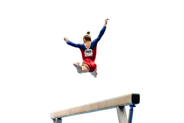 woman gymnast exercise split jump in balance beam gymnastics, isolated on transparent background