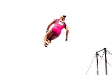 female gymnast performing somersault gymnastics on uneven bars, isolated on transparent background