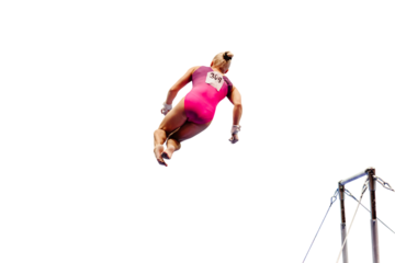 female gymnast performing somersault gymnastics on uneven bars, isolated on transparent background