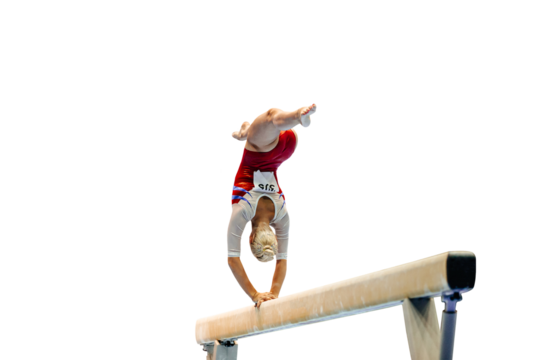 back female gymnast athlete flipping on balance beam gymnastics, isolated on transparent background