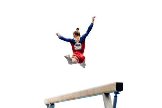 woman gymnast exercise split jump in balance beam gymnastics, isolated on transparent background - Powered by Adobe