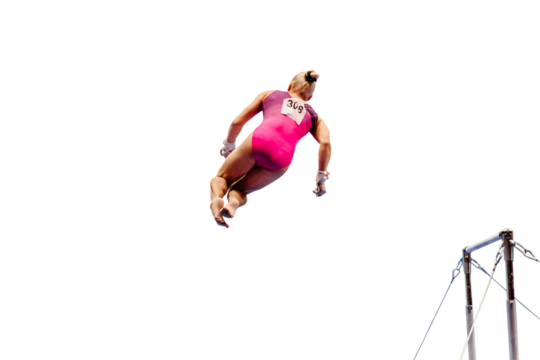 female gymnast performing somersault gymnastics on uneven bars, isolated on transparent background
