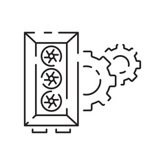 Computer hardware line icon. Graphic card or processor and RAM. GPU or CPU and cooler. Case with motherboard. Vector SSD cable with fan. Computer details