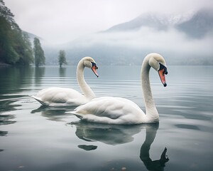 Two swans swimming on a lake with fog in the background.